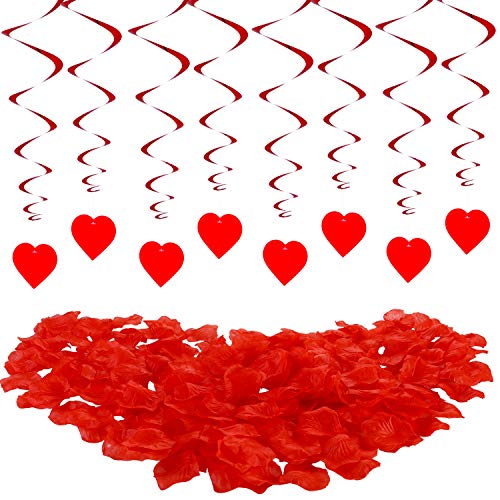 Set de Adornos de San Valentín Incluye 14 Remolinos Colgantes de Corazón y 300 Pétalos de Rosa de Seda Artificial Pétalos de Flor de Imitación para San Valentín Boda Cumpleaños Despedida de Soltera