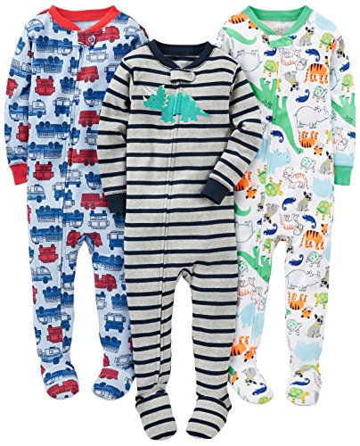 Simple Joys by Carter's pijama de algodón para bebés y niños pequeños, 3 unidades ,Fire Truck/Dino/Animals Green ,18 Meses