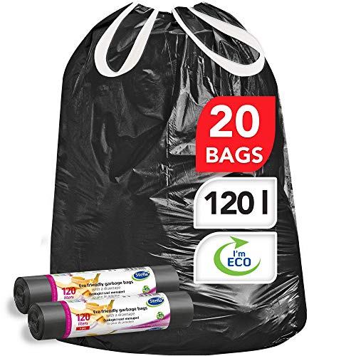 Stella pack bolsas de basura ultrarresistentes y flexibles [60 unidades] Ecológicas y Reciclables - Hechas de plástico de desecho [Color negro - Tipo de cordón - 120 Litros]
