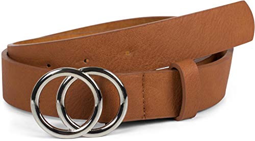 styleBREAKER Cinturón de dama unicolor con hebilla de anillo, cinturón de cadera, cinturón de cintura, cinturón sintético, unicolor 03010093, tamaño:90cm, color:Coñac-argento