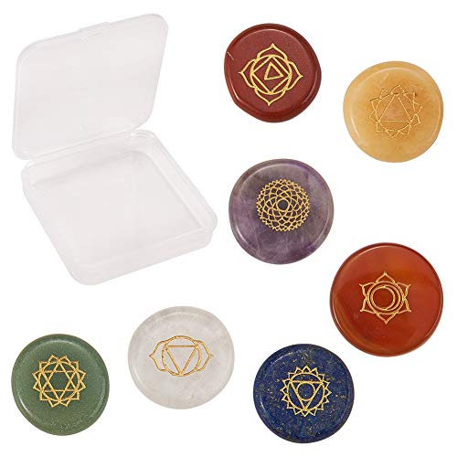 SUNNYCLUE 1 Caja de Piedras de Chakra Reales Naturales Reiki Cristales de Yoga Curativos con Símbolos de Chakra Grabados Piedras de Equilibrio Holístico Juego de 7 Cuentas de Piedras Preciosas