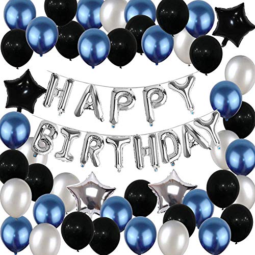 SUNPAT Decoraciones de Globos de Cumpleaños, Suministros Para Fiestas de Cumpleaños Feliz Cumpleaños Globos Banner Azul y Plata Negro Decoraciones Para Fiestas