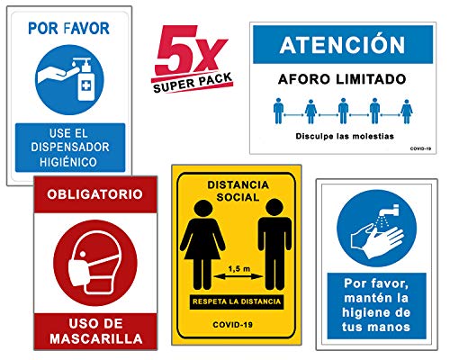Super Pack 5 Señales Coronavirus | Señal de Dispensador + Distancia + Mascarilla + Aforo + Higiene Manos | Carteles para Empresas, Comercios, Oficinas | 21 x 30 cm | Descuentos por Cantidad