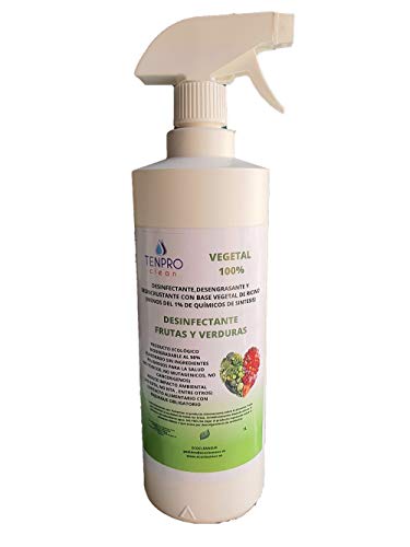 TENPRO CLEAN Desinfectante para Frutas y Verduras 1 LITRO. Producto 100% Vegetal a Base de bioetanol y ricino. Sin lejía, no toxico, con atomizador y Botella con Visor (1 LITRO)