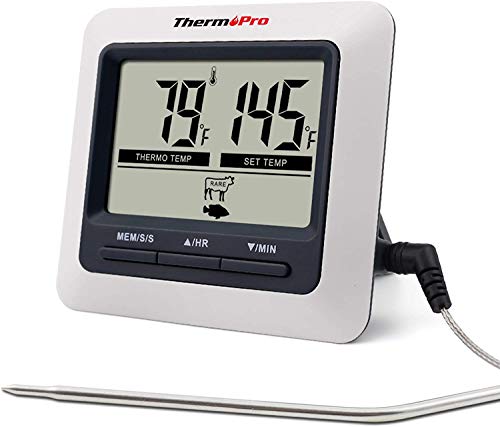 ThermoPro TP04 Termómetro Digital de Cocina para Alimentos Carne Barbacoa Horno Parrilla Comida con Modo Temporizador y Grande Pantalla LCD