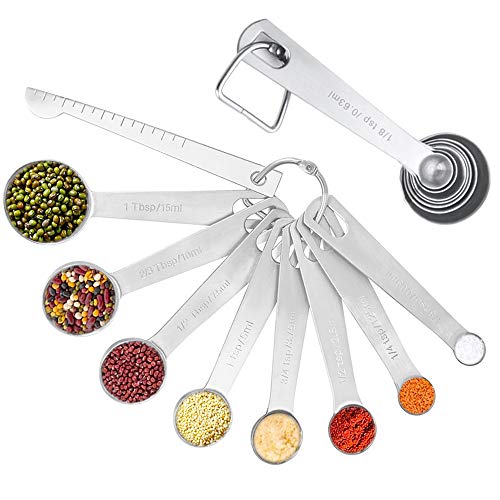 THETAG Juego de cucharas medidoras, cucharas medidoras, de acero inoxidable, con báscula para medir raciones en seco, aptas para máquinas de sacudir, buena herramienta de cocina (8 unidades)