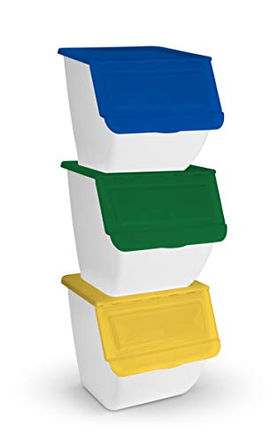 TIENDA EURASIA - Cubo de Basura para Reciclaje - Pack 3 Cubos de Basura de Cocina para Reciclar Apliables - 36L - (Papel - Vidrio - Plástico) (Blanco)