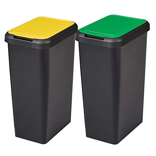 Tontarelli Set 2 Cubos de Reciclaje Touch&Lift 90 litros Color Negro con Tapa, Doble-Amarillo/Verde