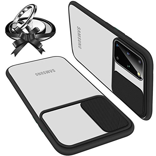 UNIOTEK Funda con Tapa Deslizable para Cámara Compatible con Samsung S20 Ultra Funda Protectora Antigolpe Carcasa PC y Silicona TPU con Soporte de Anillo (Soporte El Montaje De Coche Magnético) Negro