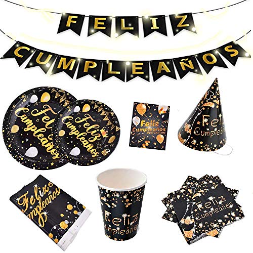 Unishop Set de Artículos Vajilla Desechable (12 Personas) para cumpleaños Platos y Vasos Desechables para Fiesta Decoración Accesorios para Cumpleaños Color Negro y Dorado