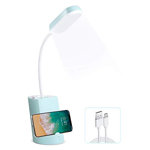 VADIV Lámpara de Escritorio LED con Portalápices y Soporte de Móvil Lámpara de Mesa USB de Carga Brillo de 3 Niveles Control Táctil Plegable Protección para Los Ojos - Azul