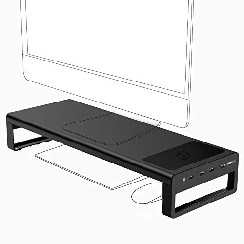 Vaydeer USB 3.0 Soporte Monitor de Carga inalámbrica Aluminio Soporte Monitor Mesa Admite Transferencia de Datos y Carga, Metal Elevador Monitor de hasta 32 Pulgadas para PC, portátil - Negro