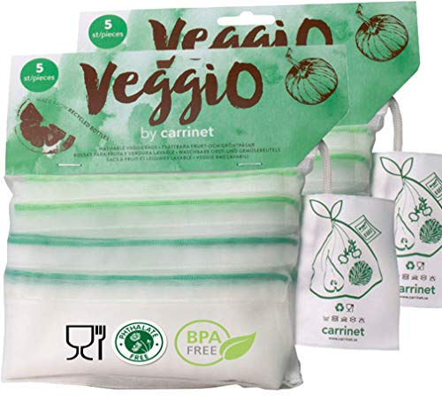 Veggio | 10 x Bolsas para la Compra de Frutas y Verduras | Hechas de Plástico Reciclado 100%| Reutilizable y con Certificado de Libre de BPA | 3 Tamaños | 10