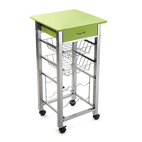 Versa Perth Carro verdulero Verde de Cocina y botellero con cajón y cestas con 4 Ruedas, Metal, PVC y Madera MDF, 82 x 40 x 40 cm