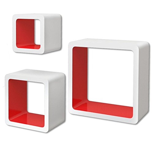 vidaXL 3 Cubos estantes exhibidores flotantes de Tablero DM Blanco-Rojo para Libros/DVD