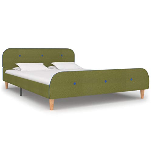 vidaXL Cama Matrimonio Estructura Hierro + Somier Láminas + Cabecero + Pie Tapizada Tela para Colchón 140x200 cm No Incluido MDF Patas Madera Verde