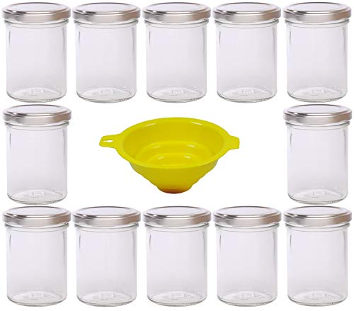 Viva Haushaltswaren - Tarros de Cristal para Mermelada (12 Unidades Capacidad de 219 ml Incluye Tapa de Color Plateado y Embudo de Color Amarillo)