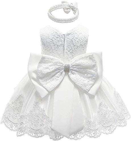 WangsCanis Vestido de bautizo para niña con lentejuelas y encaje elegante vestido de princesa con lazos para fiesta ceremonia cumpleaños 0 – 24 meses Encaje blanco. 18-24 Meses
