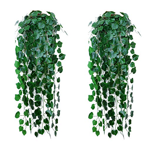 Wenxiaw Plastica Verde Follaje Vid Decoración Ivy Artificial Hanging Garland Plant Planta Artificial Colgante para Exterior Interior Pared Maceta Balcon Valla Hojar Terraza Jardin 2 Piezas