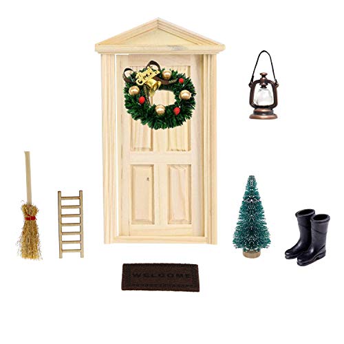 witgift Juego de accesorios para casa de muñecas en miniatura, con minipuerta de madera, lámpara de aceite, escalera, corona de Navidad, alfombra, zapatos, escoba y árbol para puerta de gnomo