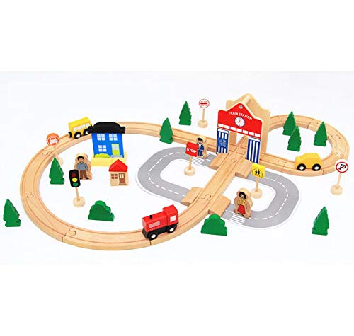 XIALIUXIA Juego De Tren De Madera Todo En Uno De 50 Piezas con Accesorios/Juego De Tren De Escena De Tránsito De Riel De Madera Maciza, Regalo De Juguete para Niños Y Niñas De Más De 3 Años