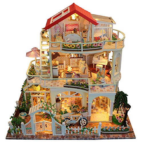 Xuanshengjia Casa de muñecas de madera, kit de casa en miniatura 3D, sin protección contra el polvo, modelo de casa ensamblado con luces LED, mini lujoso 3 capas, juguete educativo para niñas