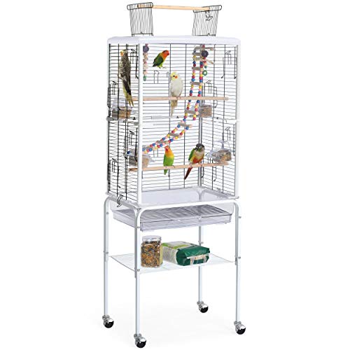 Yaheetech Jaula Pájaros Jaula con Soporte y Ruedas Jaula con Techo Abierto y Juguetes Blanca Altura 81cm