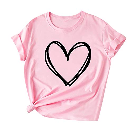 YANFANG Camiseta de Manga Corta con Estampado de carazón para el día de San Valentín para Mujer de Moda Tops gráficos novedosos de Color sólido