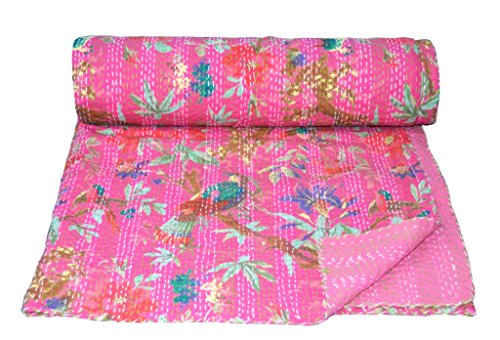 Yuvancrafts Colcha india hecha a mano de algodón Kantha con estampado de flores y pájaros, color rosa