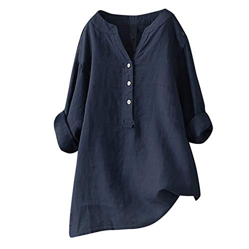 Yvelands Camisa Casual Femenina, Tops para Mujer Sólida Camiseta de Manga Larga Loose Button Down Blusa Liquidación! (Azul Marino, M)