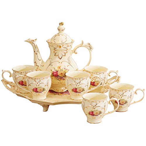 YX El juego de tetera de cerámica con juego de té de porcelana en relieve de flores consta de 6 tazas, 1 bandeja, paquete de regalo