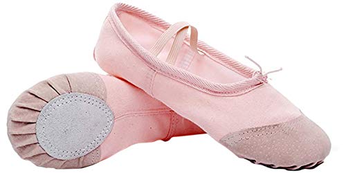 Zapatillas de Ballet con Suela Partida, Lona Transpirable con Punta en Cuero, Gomas de Sujeción Precosidas (29, Rosa Claro)