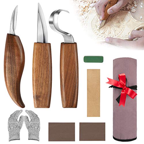 10 en 1 Juego de Herramientas para Tallar Madera, Kit de Cuchillo para Tallar Madera con Guantes Resistentes al Corte y Piedras de Afilar, Herramientas Manuales para Principiantes y Profesionales