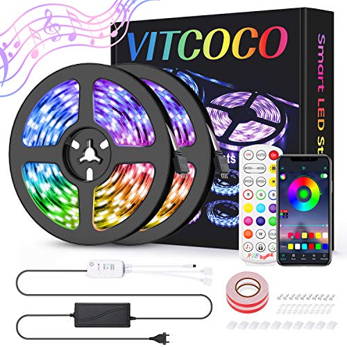 10M Bluetooth Tira LED, VITCOCO Tira LED 5050 RGB 10M(2×5M) de Flexibles Multicolor 300 LEDs Strip Con Mando a Distancia y Adaptador Corriente Para TV/Fiestas