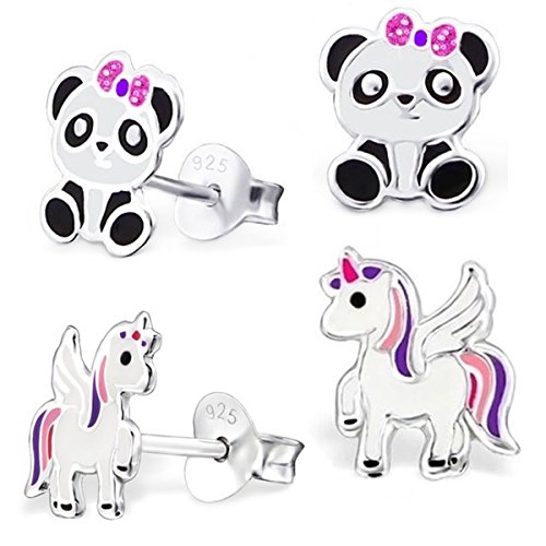 2 pares de pendientes Pegasus unicornio + oso panda de plata de ley 925 para niñas