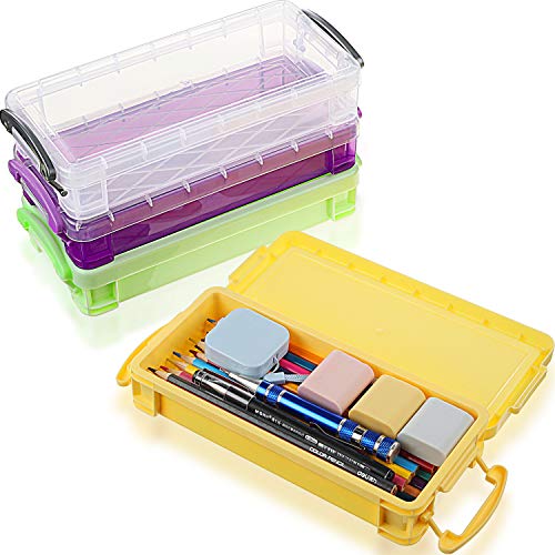 4 Cajas Estuche Escolar Estuches de Lápices de Gran Capacidad Estuche Organizador Portalapices estuche lápices plástico Gran Capacidad con Tapa a Presión (Amarillo, Verde, Claro, Claro Morado)