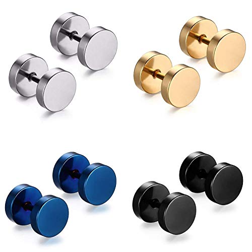 4 Pares 8MM Acero Inoxidable Pendientes Hombre Mujer Unisex Redondos Helix Piercing Oreja Barbell, Color Negro Plata Oro Azul (con bolsa de regalo) (4 pares de pendientes)