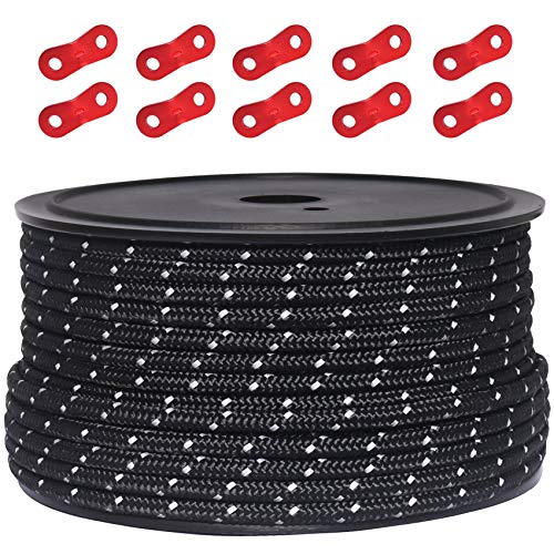 50 metros de cable reflector, cable de campamento exterior, cuerda de guía de 100 % nailon, cuerda enrollada de 10 tensores de aleación de aluminio para campamento (negro, diámetro de 5 mm) 50 metros de cable reflector, cable de campamento exterior, cuerda de guía de 100 % nailon, cuerda enrollada de 10 tensores de aleación de aluminio para campamento (negro, diámetro de 5 mm)