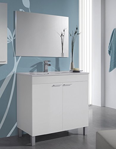 Abitti Mueble Lavabo de baño o Aseo con lavamanos cerámico y Espejo a Juego con Dos Puertas Color Blanco Brillo 80x80x45cm