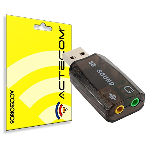 actecom® Tarjeta de Sonido Externa USB 3D 5.1 Entrada Audio Salida Mic Micro Micrófono Negra Adaptador Extraíble Jack 3,5mm TRS
