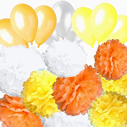 AMPALS - Pack exclusivo de 18 piezas para decoración de fiesta de cumpleaños, boda, bautizo, 9 pompones de papel de seda amarillo,naranja y blanco, tamaños 20,25,30 cm y 9 globos de bálsamo