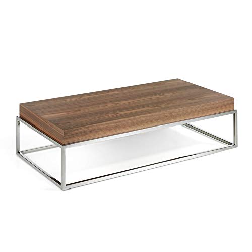 Angel Cerdá | Mesa de Centro Madera Nogal, Patas Acero Cromado, Rectangular, Estilo Moderno Angel Cerdá | Mesa de Centro Madera Nogal, Patas Acero Cromado, Rectangular, Estilo Moderno