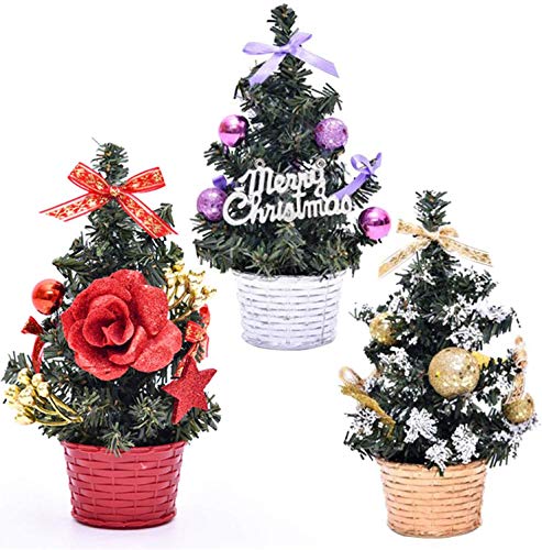 AOFOX Mini árbol de Navidad con Adornos, 3 Piezas Pequeño 20 cm de Alto Tablero de Mesa Pino de Navidad Artificial para Decoración Navideña Favor de Fiesta (Oro-Violeta-Rojo)