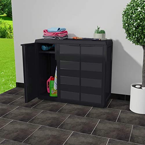 Armario de Plástico Exterior 97 x 38 x 87 cm Armario Bajo de almacenamiento con 3 puertas y 2 Estantes ajustable, Negro Armario de Plástico Exterior 97 x 38 x 87 cm Armario Bajo de almacenamiento con 3 puertas y 2 Estantes ajustable, Negro