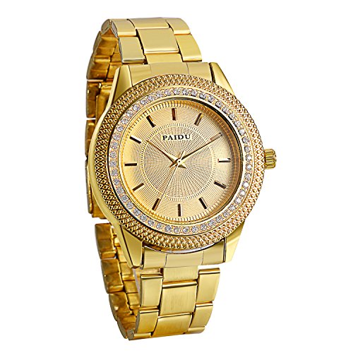 Avaner Reloj Dorado de Esfera Dorada Oro Dial con Diamantes de Imitación Brillantes, Grande Reloj de Caballero Cuarzo Japonés, Reloj de Hombre Acero Inoxidable Hip Hop Style