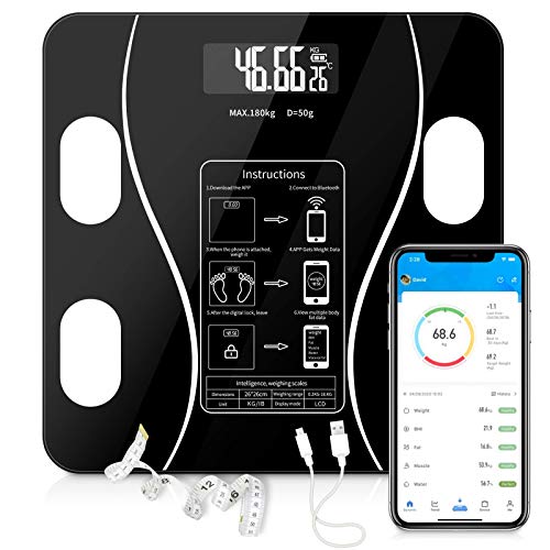 Báscula de peso digital, báscula inteligente de la grasa corporal Bluetooth, báscula de peso del baño, 13 ingredientes clave de la forma física, 400 libras (negro)