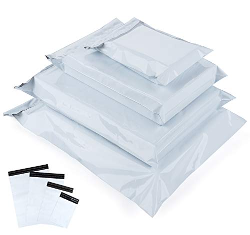 Bolsas de correo blancas, 100 bolsas de plástico para envíos postales, mezcladas de 4 tamaños, bolsas de embalaje autoadhesivas, bolsas de correo pequeñas a grandes, bolsas de correo, sobres