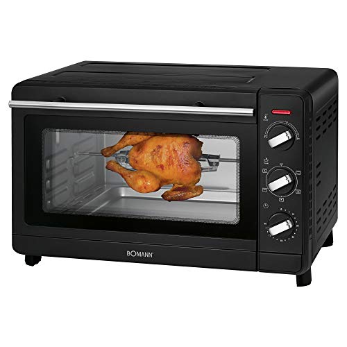 Bomann MBG 6023 CB - Horno multi-horno (30 L, recirculación de aire + calor superior e inferior, incluye pincho giratorio y piedra para pizza, temporizador de 90 minutos con señal final, color negro)