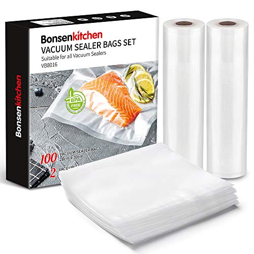 Bonsenkitchen Kit de Bolsas de Vacio Gofradas de Alimentos (100 Bolsas 20x30cm + 2 Rollos 28x600cm), Rollos al Vacio para para Conservación de Alimentos y Sous Vide Cocina & Boilable - VB8016