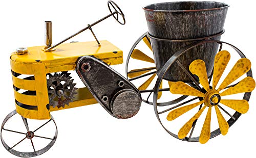 BRUBAKER Tractor Vintage para Plantar con Campana de Viento - 23 X 28 X 48 Cm - con 2 Molinos de Viento y Maceta - Metal Resistente a la Intemperie - Pintado a Mano con Efecto Antiguo - Amarillo